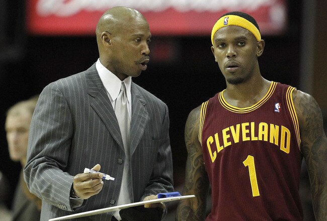 CLEVELAND - OCTOBER 27:  Head coach Byron Scott of the Cleveland Cavaliers talks over a play with Daniel Gibson #1 while playing the Boston Celtics at Quicken Loans Arena on October 27, 2010 in Cleveland, Ohio. Cleveland won the game 95-87. (Photo by Gregory Shamus/Getty Images)