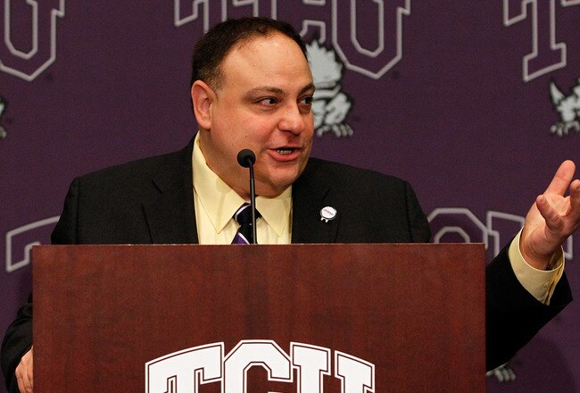 DALLAS - NOVEMBER 29:  John Marinatto, Big East Conference Commissioner, talks with the media after Texas Christian University accepted an invitation for full membership into The Big East Conference on November 29, 2010 in Fort Worth, Texas.  TCU will leave the Mountain West Conference for The Big East in July 2012.  (Photo by Tom Pennington/Getty Images)