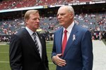 HOUSTON - OCTOBER 05:  NFL Commissioner Roger Roger Goodell (L) talks with Houston Texans owner Bob McNair beofre the game with the Indianapolis Colts on October 5, 2008 at Reliant Stadium in Houston, Texas.  The Texans are playing their first home game of the season due tothe effects of Hurricane Ike.  (Photo by Stephen Dunn/Getty Images)