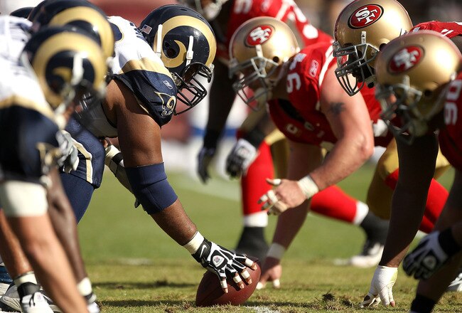 SAN FRANCISCO - NOVEMBER 14:  Justin Brown #60 of the St. Louis Rams lines up against the San Francisco 49ers at Candlestick Park on November 14, 2010 in San Francisco, California.  (Photo by Ezra Shaw/Getty Images)