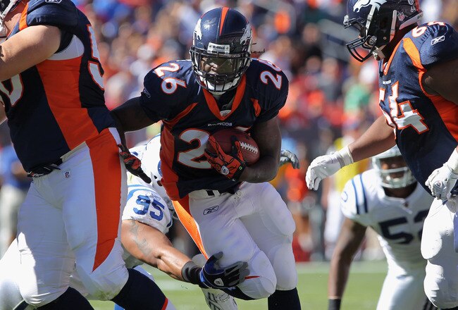 DENVER - SEPTEMBER 26:  Running back Laurence Maroney #26 of the Denver Broncos rushes with the ball against the Indianapolis Colts at INVESCO Field at Mile High on September 26, 2010 in Denver, Colorado. The Colts defeated the Broncos 27-13.  (Photo by Doug Pensinger/Getty Images)