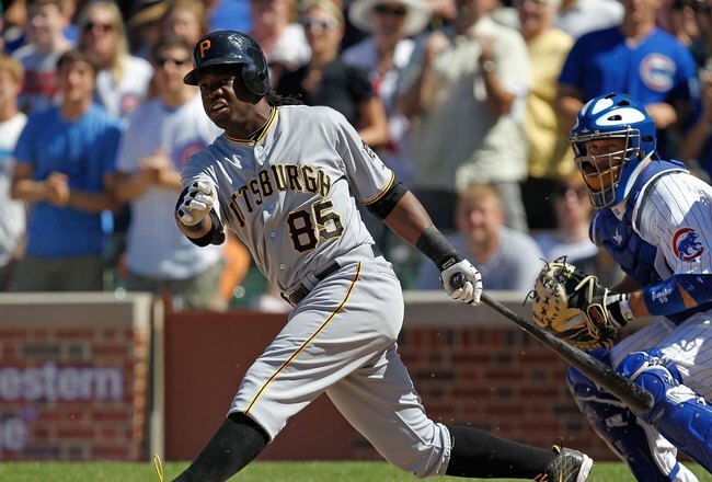 CHICAGO - JUNE 30: Lastings Milledge #85 of the Pittsburgh Pirates hits the ball against the Chicago Cubs at Wrigley Field on June 30, 2010 in Chicago, Illinois. The Pirates defeated the Cubs 2-0. (Photo by Jonathan Daniel/Getty Images)