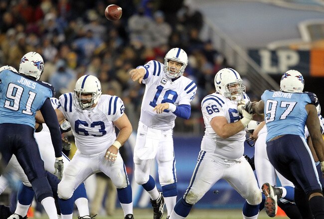 NASHVILLE, TN - DECEMBER 09:  Peyton Manning #18 of the Indianapolis Colts throws a pass during the NFL game against the Tennessee Titans  at LP Field on December 9, 2010 in Nashville, Tennessee.  The Colts won 30-28.  (Photo by Andy Lyons/Getty Images)