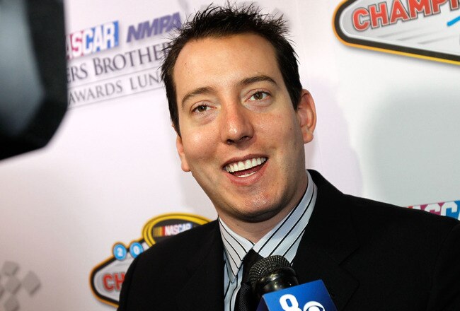 LAS VEGAS, NV - DECEMBER 02:  Kyle Busch, driver of the #18 M&M's Toyota, speaks to the media after the NASCAR Sprint Cup Series Champions Week NMPA Myers Brothers Awards Luncheon at the Bellagio on December 2, 2010 in Las Vegas, Nevada.  (Photo by Todd Warshaw/Getty Images for NASCAR)