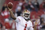 GLENDALE, AZ - NOVEMBER 29:  Quarterback Troy Smith #1 of the San Francisco 49ers warms up before the NFL game against the Arizona Cardinals at the University of Phoenix Stadium on November 29, 2010 in Glendale, Arizona. The 49ers defeated the Cardinals 27-6.  (Photo by Christian Petersen/Getty Images)