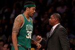 LOS ANGELES, CA - JUNE 17:  Rasheed Wallace #30 walks to the bench past head coach Doc Rivers of the Boston Celtics in the first half against the Los Angeles Lakers in Game Seven of the 2010 NBA Finals at Staples Center on June 17, 2010 in Los Angeles, California.  NOTE TO USER: User expressly acknowledges and agrees that, by downloading and/or using this Photograph, user is consenting to the terms and conditions of the Getty Images License Agreement.  (Photo by Christian Petersen/Getty Images)