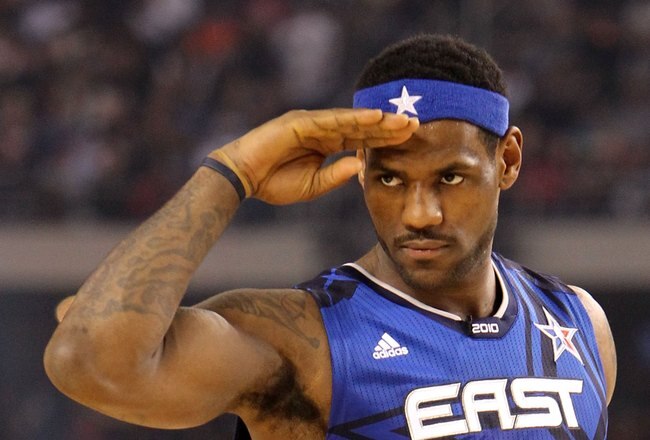 ARLINGTON, TX - FEBRUARY 14:  LeBron James #23 of the Eastern Conference reacts during the first half of the NBA All-Star Game, part of 2010 NBA All-Star Weekend at Cowboys Stadium on February 14, 2010 in Arlington, Texas. The Eastern Conference defeated the Western Conference 141-139 in regulation. NOTE TO USER: User expressly acknowledges and agrees that, by downloading and or using this photograph, User is consenting to the terms and conditions of the Getty Images License Agreement.  (Photo by Ronald Martinez/Getty Images)