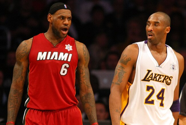 LOS ANGELES, CA - DECEMBER 25: LeBron James #6 of the Miami Heat exchanges words with Kobe Bryant #24 of the Los Angeles Lakers late in the fourth quarter during the NBA game at Staples Center on December 25, 2010 in Los Angeles, California. The Heat defeated the Lakers 96-80. (Photo by Victor Decolongon/Getty Images)