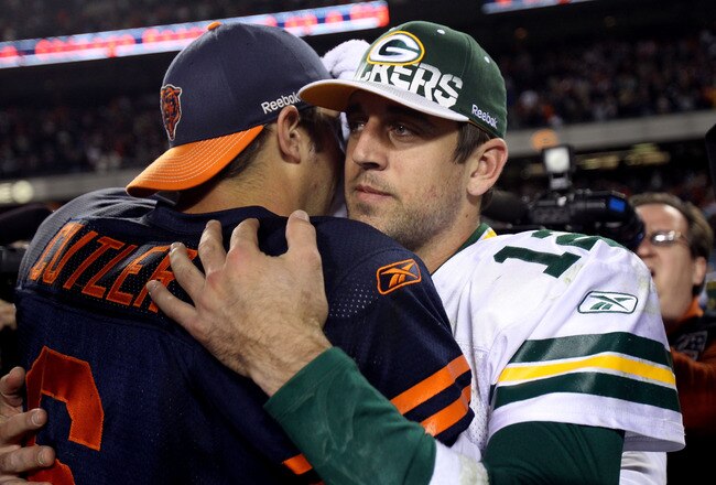 CHICAGO - SEPTEMBER 27:  Aaron Rodgers #12 of the Green Bay Packers congratulates Jay Cutler #6 of the Chicago Bears after the Bears won 20-17 at Soldier Field on September 27, 2010 in Chicago, Illinois.  (Photo by Jonathan Daniel/Getty Images)