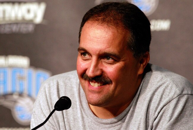 ORLANDO, FL - DECEMBER 18:  Stan Van Gundy head coach of the Orlando Magic speaks to the media regarding the aquisition of Jason Richardson, Hedo Turkoglu, Gilbert Arenas, and Earl Clark from the Phoenix Suns at Amway Arena on December 18, 2010 in Orlando, Florida.  NOTE TO USER: User expressly acknowledges and agrees that, by downloading and or using this Photograph, user is consenting to the terms and conditions of the Getty Images License Agreement.  (Photo by Sam Greenwood/Getty Images)