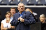 HOUSTON - AUGUST 28:  Owner Jerry Jones of the Dallas Cowboys stands on the field before the Cowboys play the Houston Texans in a preseason game at Reliant Stadium on August 28, 2010 in Houston, Texas.  (Photo by Bob Levey/Getty Images)