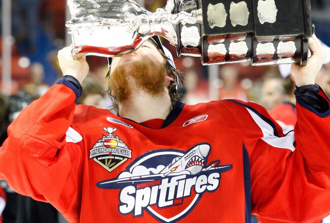 BRANDON, CANADA - MAY 23: Ryan Ellis #6 of the Windsor Spitfires kisses the Memorial Cup after defeating the Brandon Wheat Kings in the Final of the 2010 Mastercard Memorial Cup Tournament at the Keystone Centre on May 23, 2010 in Brandon, Manitoba, Canada. (Photo by Richard Wolowicz/Getty Images)