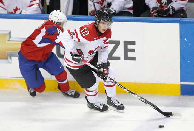 BUFFALO, NY - DECEMBER 29: Brayden Schenn #10  of Canada skates against Norway during the 2011 IIHF World U20 Championship game between the Canada and Norway  on December 29, 2010 in Buffalo, New York.  (Photo by Rick Stewart/Getty Images)