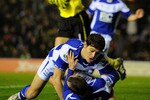 BIRMINGHAM, ENGLAND - DECEMBER 28:  Lee Bowyer of Birmingham City celebrates scoring an equalising goal with team mate Nikola Zigic during the Barclays Premier League match between Birmingham City and Manchester United at St Andrew's Stadium on December 28, 2010 in Birmingham, England.  (Photo by Clive Mason/Getty Images)
