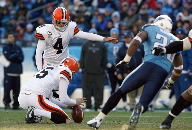 NASHVILLE, TN - DECEMBER 7:   Phil Dawson #4 of the Cleveland Browns kicks a field goal during the game against the Tennessee Titans on December 7, 2008 at LP Field in Nashville, Tennessee.  (Photo by Kevin C. Cox/Getty Images)