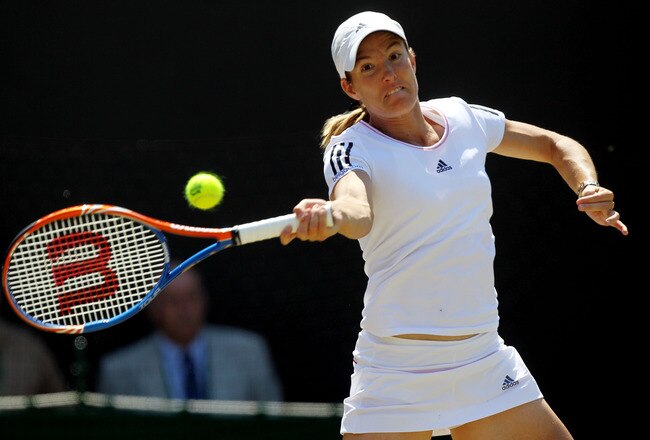 LONDON, ENGLAND - JUNE 28:  Justine Henin of Belgium in action during her match against Kim Clijsters of Belgium on Day Seven of the Wimbledon Lawn Tennis Championships at the All England Lawn Tennis and Croquet Club on June 28, 2010 in London, England.  (Photo by Hamish Blair/Getty Images)