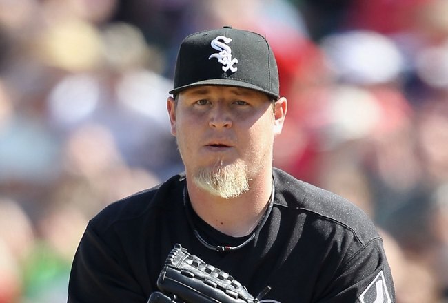 TEMPE, AZ - MARCH 12:  Relief pitcher Bobby Jenks #45 of the Chicago White Sox pitches against the Los Angeles Angels of Anaheim during the MLB spring training game at Tempe Diablo Stadium on March 12, 2010 in Tempe, Arizona.  The White Sox defeated the Angels 10-7.  (Photo by Christian Petersen/Getty Images)