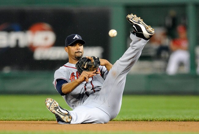 WASHINGTON - SEPTEMBER 24:  Derrek Lee #27 of the Atlanta Braves throws the ball to first base during the game against the Washington Nationals at Nationals Park on September 24, 2010 in Washington, DC.  (Photo by Greg Fiume/Getty Images)