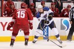 GLENDALE, AZ - MARCH 02:  Erik Johnson #6 of the St. Louis Blues passes the puck during the NHL game against the Phoenix Coyotes at Jobing.com Arena on March 2, 2010 in Glendale, Arizona. The Blues defeated the Coyotes 5-2.  (Photo by Christian Petersen/Getty Images)