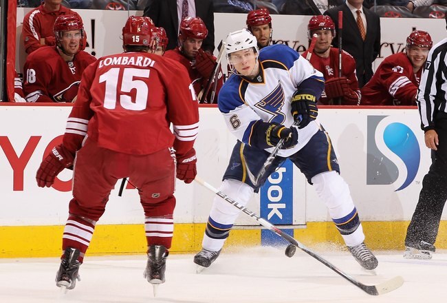 GLENDALE, AZ - MARCH 02:  Erik Johnson #6 of the St. Louis Blues passes the puck during the NHL game against the Phoenix Coyotes at Jobing.com Arena on March 2, 2010 in Glendale, Arizona. The Blues defeated the Coyotes 5-2.  (Photo by Christian Petersen/Getty Images)