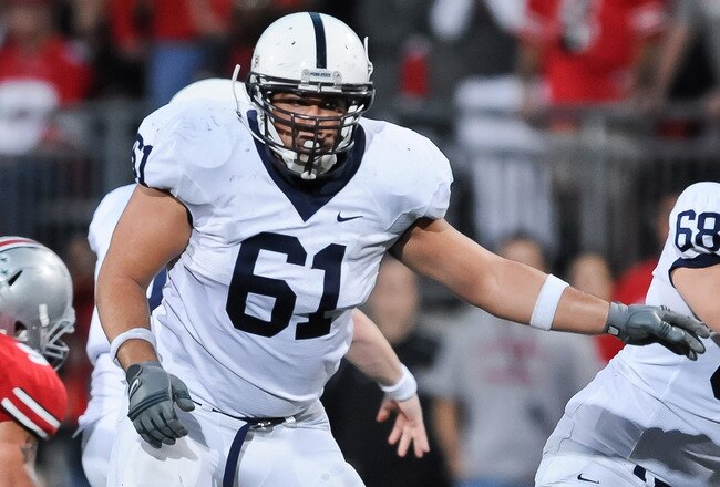 COLUMBUS, OH - NOVEMBER 13:  Stefan Wisniewski #61 of the Penn State Nittany Lions blocks against the Ohio State Buckeyes at Ohio Stadium on November 13, 2010 in Columbus, Ohio.  (Photo by Jamie Sabau/Getty Images)