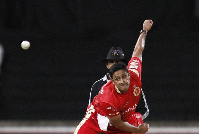 DURBAN, SOUTH AFRICA - SEPTEMBER 24: Anul Kumble of Royal Challengers bowls during the Airtel Champions League Twenty20 semi final match between Chennai Super Kings and Royal Challengers Bangalore at Sahara Stadium Kingsmead on September 24, 2010 in Durban, South Africa (Photo by Anesh Debiky/Gallo Images/Getty Images)