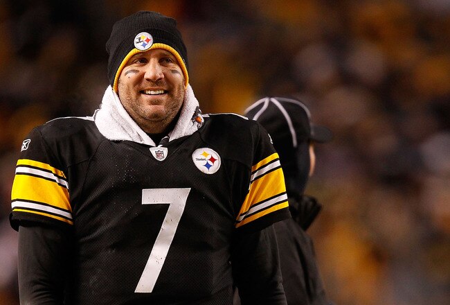 PITTSBURGH - DECEMBER 23:  Ben Roethlisberger #7 of the Pittsburgh Steelers laughs on the sideline during the game against the Carolina Panthers on December 23, 2010 at Heinz Field in Pittsburgh, Pennsylvania.  (Photo by Jared Wickerham/Getty Images)