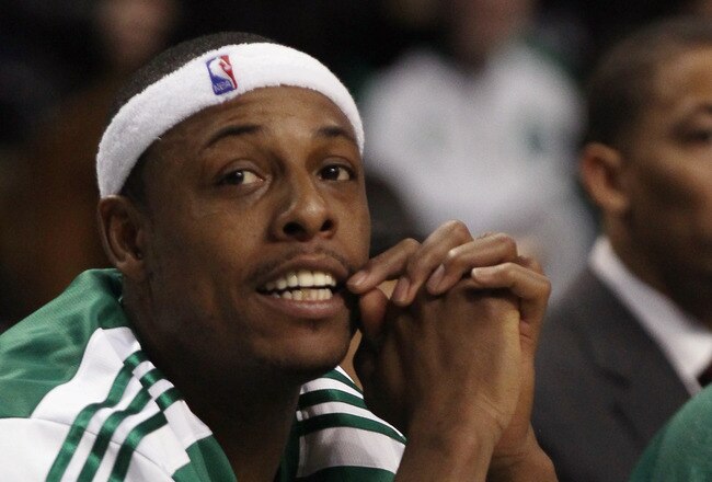 BOSTON, MA - DECEMBER 16:  Paul Pierce #34 of the Boston Celtics looks on from the bench in the first half against the Atlanta Hawks on December 16, 2010 at the TD Garden in Boston, Massachusetts. NOTE TO USER: User expressly acknowledges and agrees that, by downloading and/or using this Photograph, User is consenting to the terms and conditions of the Getty Images License Agreement.  (Photo by Elsa/Getty Images)