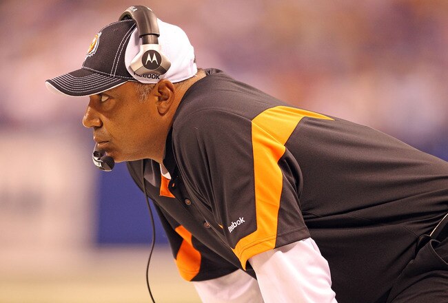 INDIANAPOLIS - SEPTEMBER 02:  Marvin Lewis the Head Coach of the Cincinnati Bengals watches from the sidelines during the NFL preseason game against the Indianapolis Colts at Lucas Oil Stadium on September 2, 2010 in Indianapolis, Indiana.  (Photo by Andy Lyons/Getty Images)
