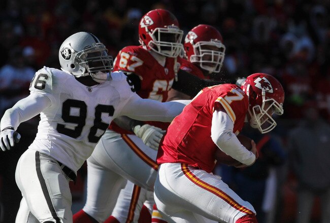 KANSAS CITY, MO - JANUARY 02:  Quarterback Matt Cassel #7 of the Kansas City Chiefs is sacked by Kamerion Wimbley #96 of the Oakland Raiders during the game on January 2, 2011 at Arrowhead Stadium in Kansas City, Missouri.  (Photo by Jamie Squire/Getty Images)