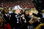 PASADENA, CA - JANUARY 01:  Quarterback Andy Dalton #14 of the TCU Horned Frogs is interviewed by reporter Erin Andrews after defeating the Wisconsin Badgers 21-19 in the 97th Rose Bowl game on January 1, 2011 in Pasadena, California.  (Photo by Kevork Djansezian/Getty Images)