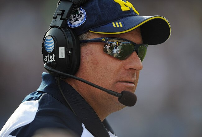 JACKSONVILLE, FL - JANUARY 01:  Head Coach Rich Rodriguez of the University of Michigan Wolverines during the Gator Bowl at EverBank Field on January 1, 2011 in Jacksonville, Florida  (Photo by Rick Dole/Getty Images)