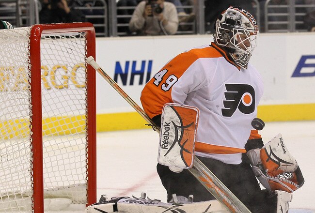 LOS ANGELES, CA - DECEMBER 30: Goaltender Michael Leighton #49 of the Philadelphia Flyers makes a save against the Los Angeles Kings at Staples Center on December 30, 2010 in Los Angeles, California.   (Photo by Stephen Dunn/Getty Images)