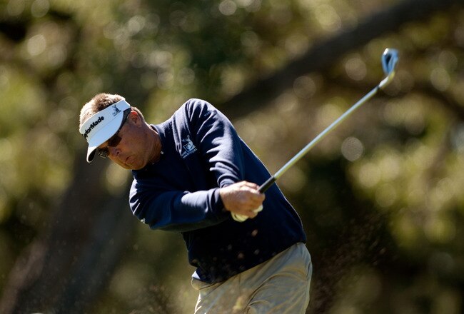 SAN ANTONIO, TX - OCTOBER 29: Kenny Perry follows through on a tee shot during the first round of the AT&T Championship at Oak Hills Country Club on October 29, 2010 in San Antonio, Texas. (Photo by Darren Carroll/Getty Images)