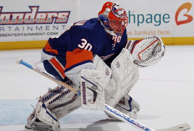 UNIONDALE, NY - NOVEMBER 17:  Dwayne Roloson #30 of the New York Islanders tends net against the Tampa Bay Lightning at the Nassau Coliseum on November 17, 2010 in Uniondale, New York.  (Photo by Bruce Bennett/Getty Images)