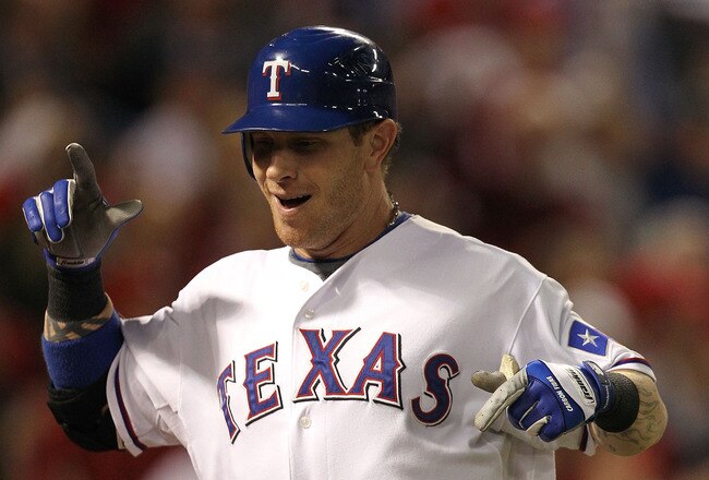 ARLINGTON, TX - OCTOBER 30:  Josh Hamilton #32 of the Texas Rangers reacts after he hit a solo home run in the bottom of the fifth inning against the San Francisco Giants in Game Three of the 2010 MLB World Series at Rangers Ballpark in Arlington on October 30, 2010 in Arlington, Texas.  (Photo by Ronald Martinez/Getty Images)