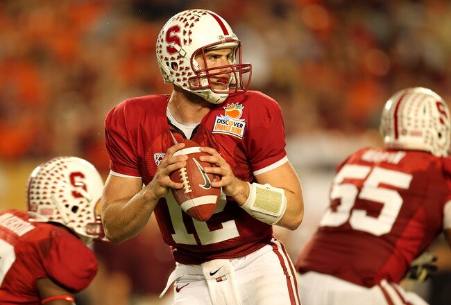 MIAMI, FL - JANUARY 03:  Andrew Luck #12 of the Stanford Cardinal drops back to pass against the Virginai Tech Hokies during the 2011 Discover Orange Bowl at Sun Life Stadium on January 3, 2011 in Miami, Florida.  (Photo by Mike Ehrmann/Getty Images)