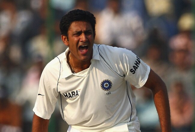 NEW DELHI, INDIA - NOVEMBER 02:  Anil Kumble of India appeals as he plays his final international game after announcing his retirement from Test cricket during day five of the Third Test match between India and Australia at the Feroz Shah Kotla Stadium on November 2, 2008 in New Delhi, India.  (Photo by Michael Steele/Getty Images)