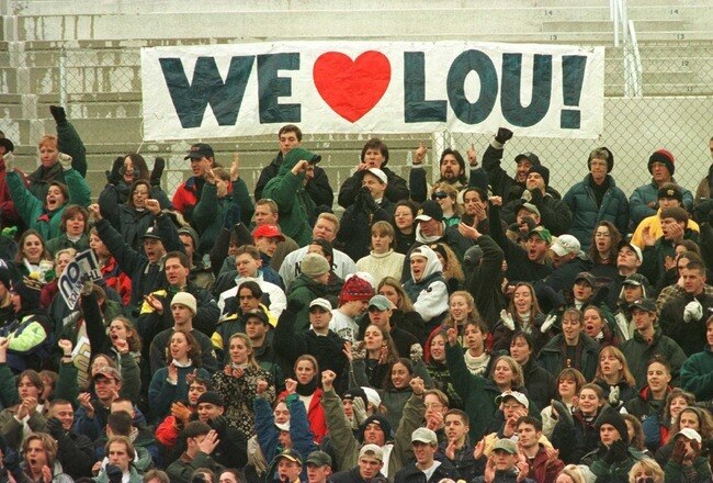 23 Nov 1996:  Fans of the Notre Dame Fighting Irish sit in the Notre Dame student section display their affection for head coach Lou Holtz as he coaches his last home game in the Irish''s match up against the Rutgers Scarlet Knights at Notre Dame Stadium i