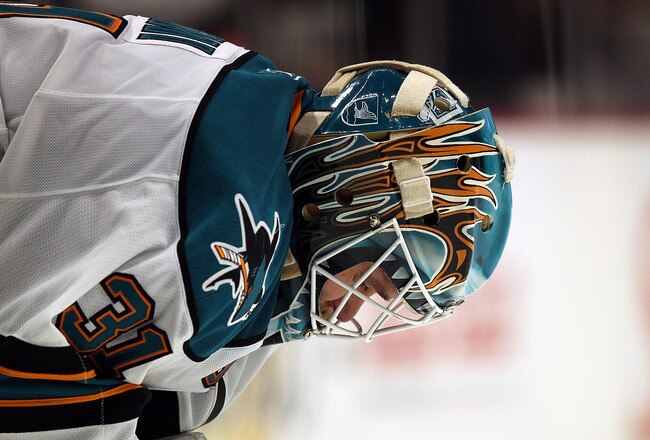 CHICAGO, IL - DECEMBER 30: Antti Niemi #31 of the San Jose Sharks takes a break during a game against the Chicago Blackhawks at the United Center on December 30, 2010 in Chicago, Illinois. The Sharks defeated the Blackhawks 5-3. (Photo by Jonathan Daniel/Getty Images)