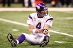 NEW ORLEANS - JANUARY 24:  Brett Favre #4 of the Minnesota Vikings sits on the turf after getting knocked down on a play against the New Orleans Saints during the NFC Championship Game at the Louisana Superdome on January 24, 2010 in New Orleans, Louisiana.  (Photo by Ronald Martinez/Getty Images)