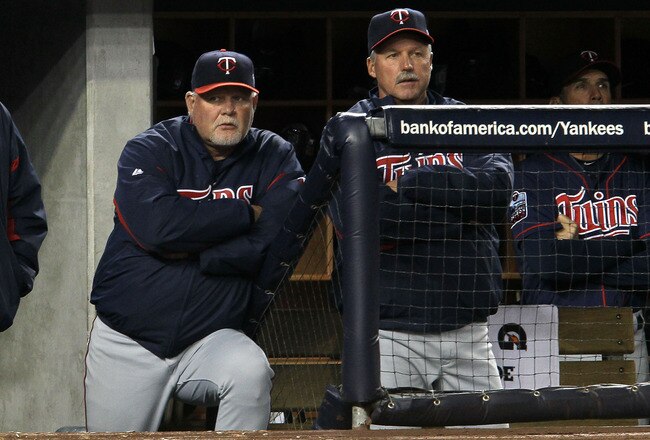 NEW YORK - OCTOBER 09:  Manager Ron Gardenhire (L) #35 of the Minnesota Twins looks on from the dugout late in the game against the New York Yankees  during Game Three of the ALDS part of the 2010 MLB Playoffs at Yankee Stadium on October 9, 2010 in the Bronx borough of New York City.  (Photo by Jim McIsaac/Getty Images)