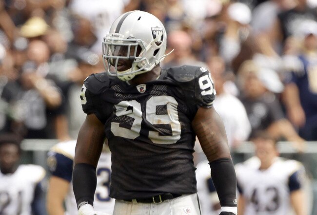 OAKLAND, CA - SEPTEMBER 19:  Lamarr Houston #99 of the Oakland Raiders in action during their game against the St. Louis Rams at the Oakland-Alameda County Coliseum on September 19, 2010 in Oakland, California.  (Photo by Ezra Shaw/Getty Images)