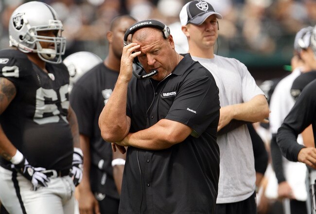 OAKLAND, CA - SEPTEMBER 19:  Head coach Tom Cable of the Oakland Raiders walks the sidelines during their game against the St. Louis Rams at the Oakland-Alameda County Coliseum on September 19, 2010 in Oakland, California.  (Photo by Ezra Shaw/Getty Images)