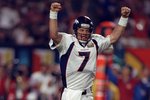 31 Jan 1999: Quarterback John Elway #7 of the Denver Broncos celebrates the first touchdown during the first quarter of Super Bowl XXXIII against the Atlanta Falcons at Pro Player Stadium in Miami, Florida. The Broncos defeated the Falcons 34-19 to win their scond consecutive Super Bowl.