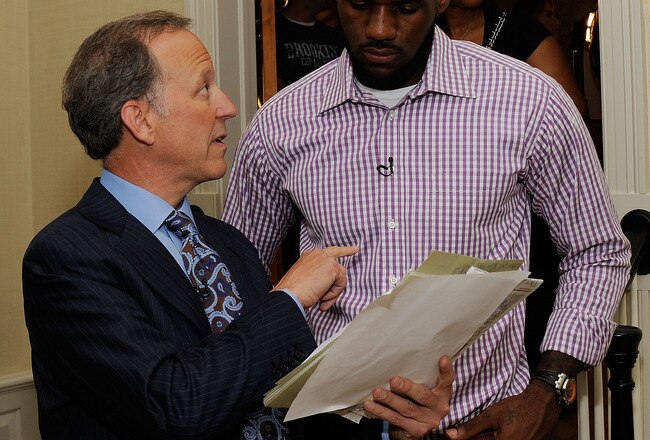 GREENWICH, CT - JULY 08:  (EXCLUSIVE COVERAGE)  Jim Gray of ESPN speaks with LeBron James at attends the LeBron James Pre Decision Meet and Greet on July 8, 2010 in Greenwich, Connecticut. Proceeds from tonight's 2.5 million dollar event will be donated to the Boys & Girls Clubs of America.  (Photo by Larry Busacca/Getty Images for Estabrook Group)