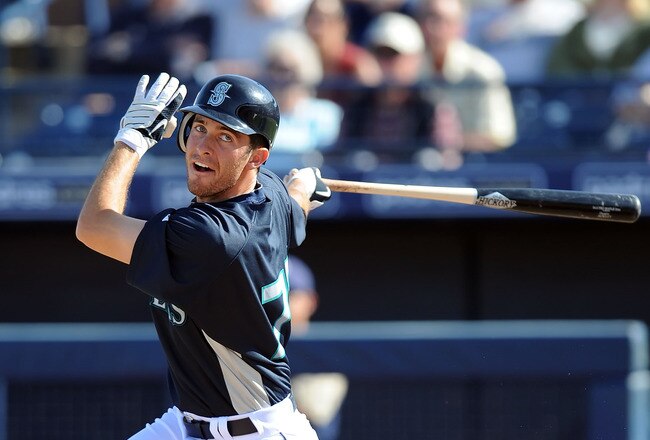 PEORIA, AZ - MARCH 05:  Dustin Ackley #75 of the Seattle Mariners at bat during a Spring Training game against the San Diego Padres on March 5, 2010 in Peoria, Arizona.  (Photo by Lisa Blumenfeld/Getty Images)
