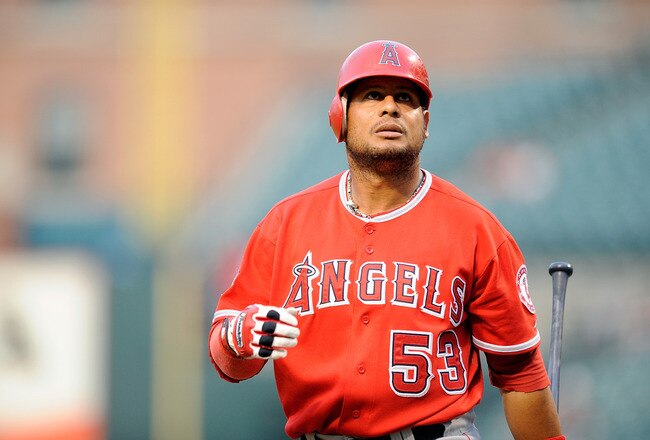 BALTIMORE - AUGUST 04:  Bobby Abreu #53 of the Los Angeles Angels of Anaheim walks to the dugout after striking out in the first inning against the Baltimore Orioles at Camden Yards on August 4, 2010 in Baltimore, Maryland.  (Photo by Greg Fiume/Getty Images)