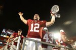 MIAMI, FL - JANUARY 03: Orange bowl MVP Andrew Luck of the Stanford Cardinal celebrates after Stanford won 40-12 against the Virginia Tech Hokies during the 2011 Discover Orange Bowl at Sun Life Stadium on January 3, 2011 in Miami, Florida. (Photo by Streeter Lecka/Getty Images)