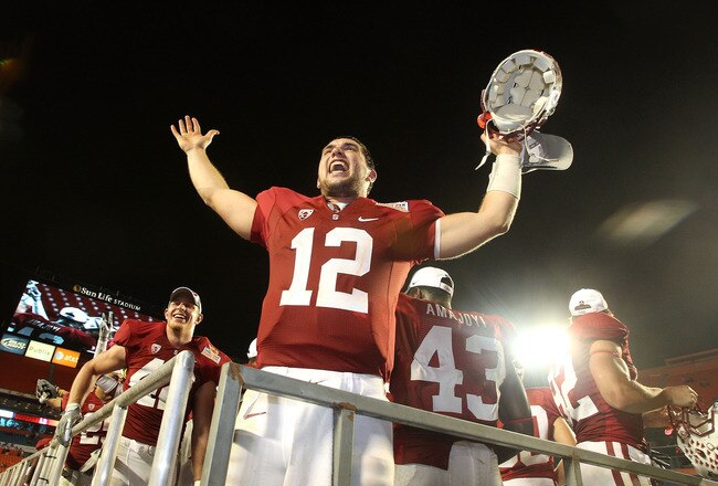 MIAMI, FL - JANUARY 03: Orange bowl MVP Andrew Luck of the Stanford Cardinal celebrates after Stanford won 40-12 against the Virginia Tech Hokies during the 2011 Discover Orange Bowl at Sun Life Stadium on January 3, 2011 in Miami, Florida. (Photo by Streeter Lecka/Getty Images)